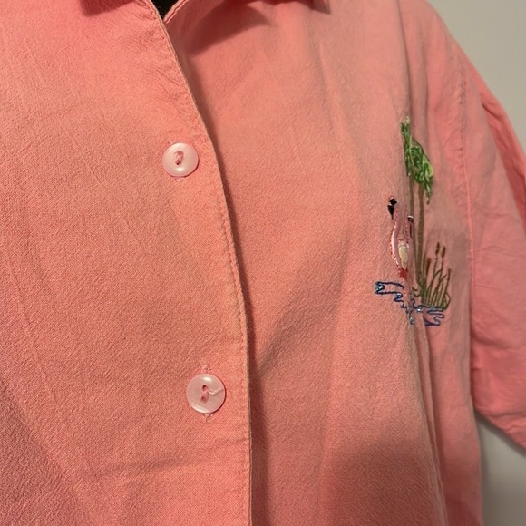 Jane Ashley Casual Lifestyle Button Up Pink Embroidered Flamingo Tropical Blouse - Picture 9 of 16